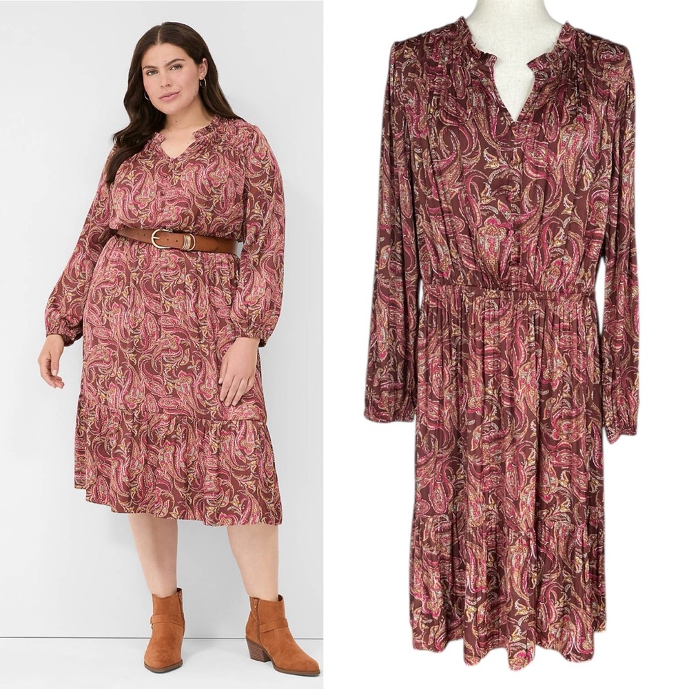 Lane Bryant Ruffle-Trim Tiered Midi Dress Satin Size 16